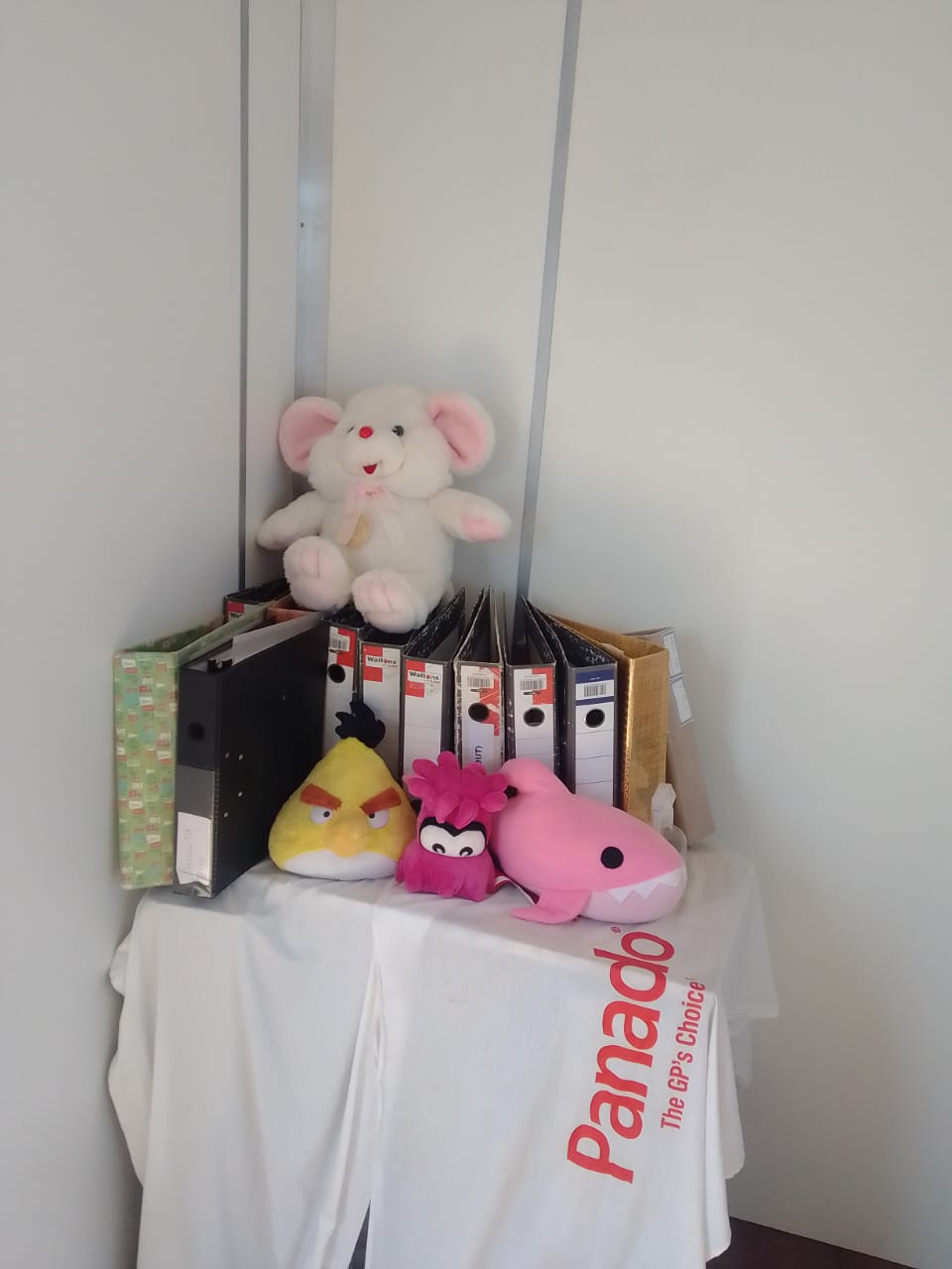 Clinic support corner with files and patient comfort items